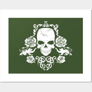 White Skull and Roses Distressed Vintage Style Design Posters and Art